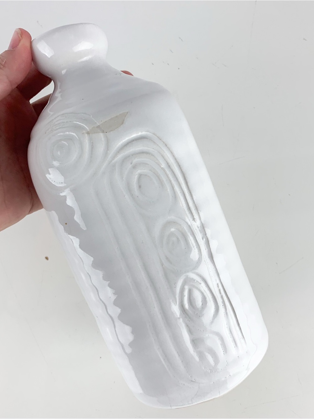Vintage Abstract Modernism Studio Pottery White Swirled Vase Signed Hayes Mcm